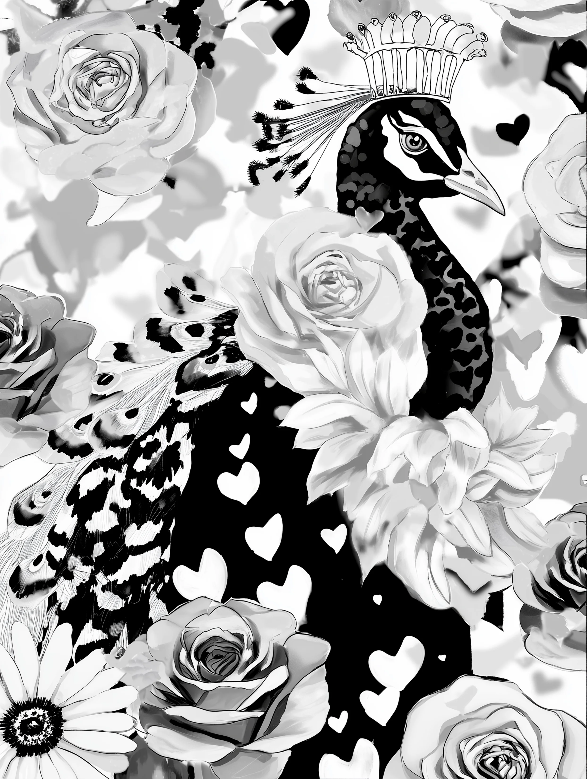 Free printable coloring page of peacock for adults featuring roses on peacok